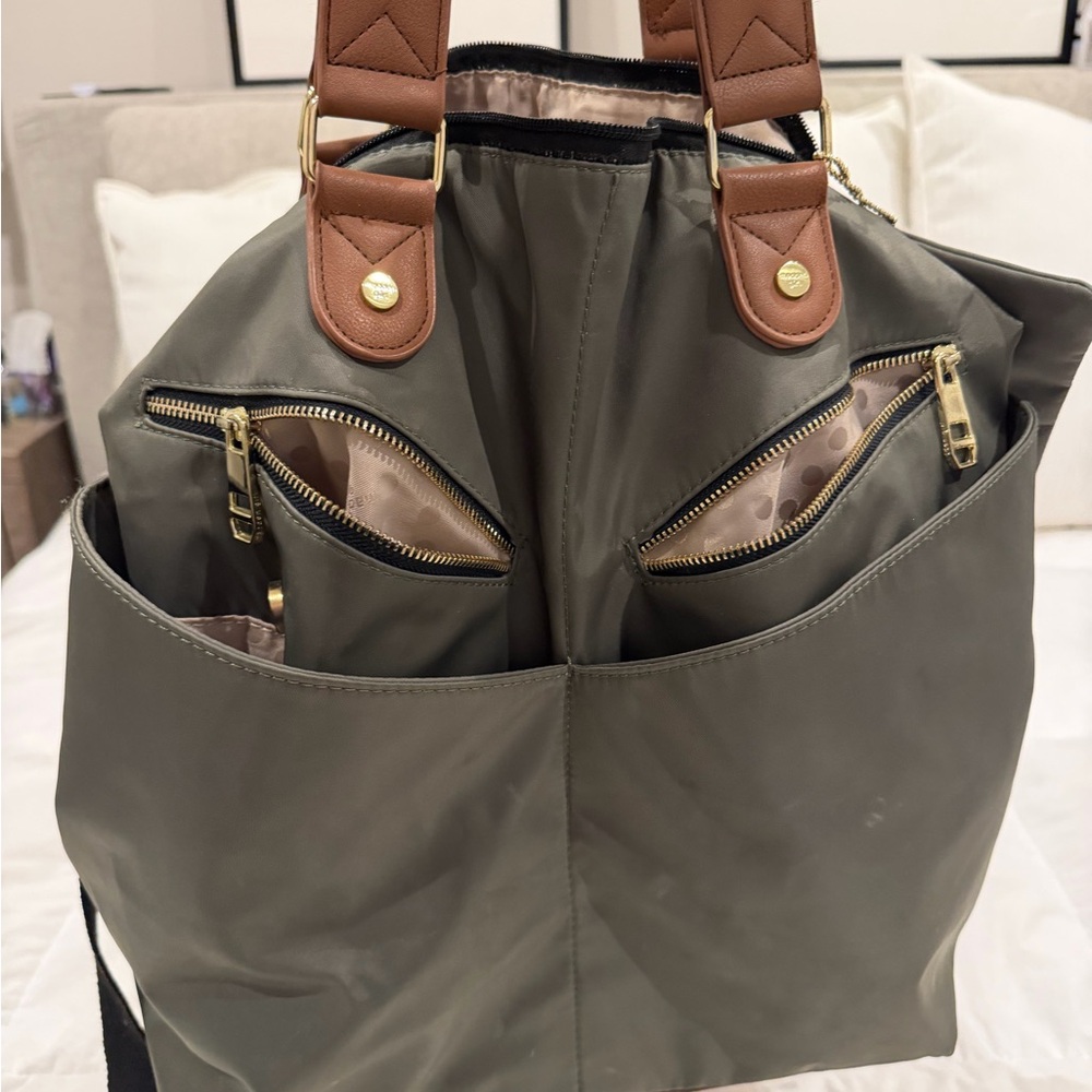 Madden Girl Olive Nylon Tote with Brown Trim and Gold Hardware